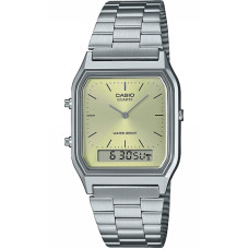 Casio Vintage AQ-230A-9AMQYES – Ανδρικό Ρολόι Διπλής Ένδειξης (Ατσάλινο Μπρασελέ, Χρυσό Καντράν)